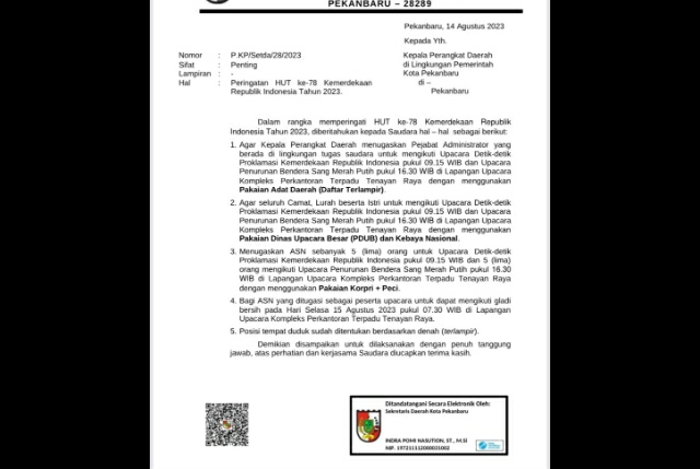 Terkait HUT ke-78 RI, Pemko Pekanbaru Keluarkan Surat Edaran